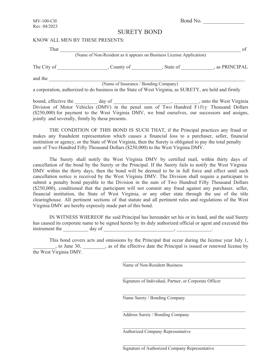 Form MV-100-CH Surety Bond - West Virginia, Page 1