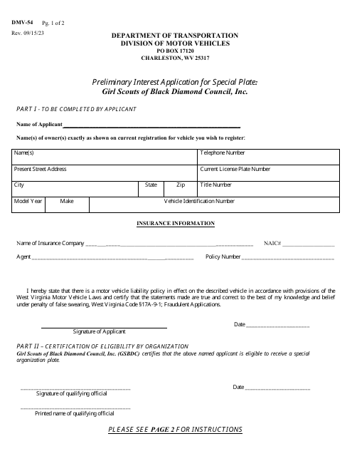 Form DMV-54-PIA-GS Preliminary Interest Application for Special Plate: Girl Scouts of Black Diamond Council, Inc. - West Virginia