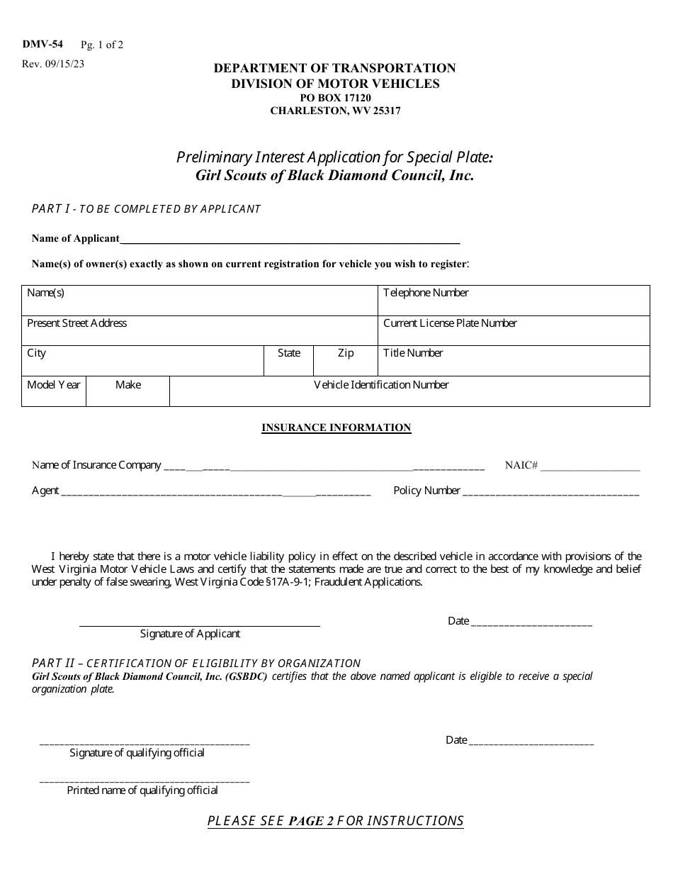 Form DMV-54-PIA-GS Preliminary Interest Application for Special Plate: Girl Scouts of Black Diamond Council, Inc. - West Virginia, Page 1
