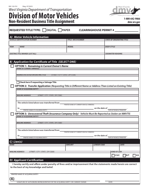 Form MV-102-CH Non-resident Business Title Assignment - West Virginia