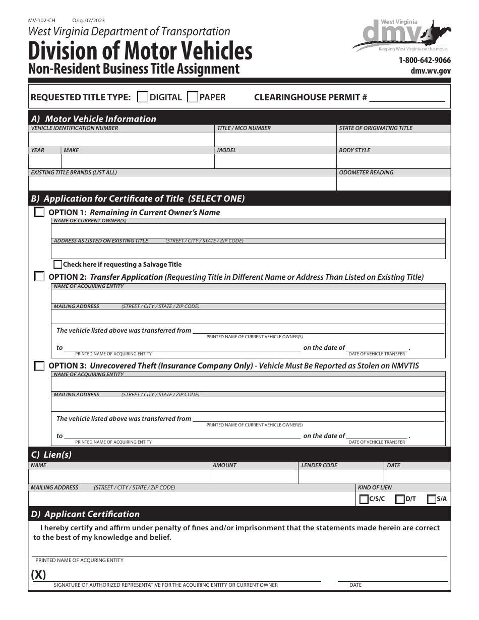 Form MV-102-CH Non-resident Business Title Assignment - West Virginia, Page 1