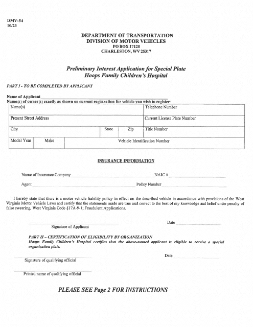 Form DMV-54 Preliminary Interest Application for Special Plate: Hoops Family Children's Hospital - West Virginia