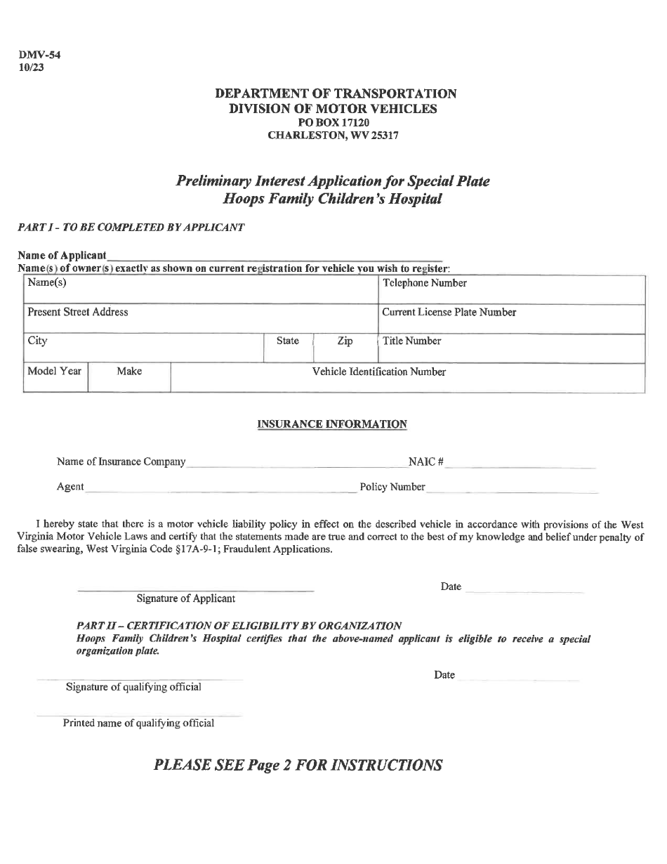 Form DMV-54 Preliminary Interest Application for Special Plate: Hoops Family Childrens Hospital - West Virginia, Page 1
