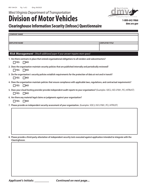 Form MV-105-CH Clearinghouse Information Security (Infosec) Questionnaire - West Virginia