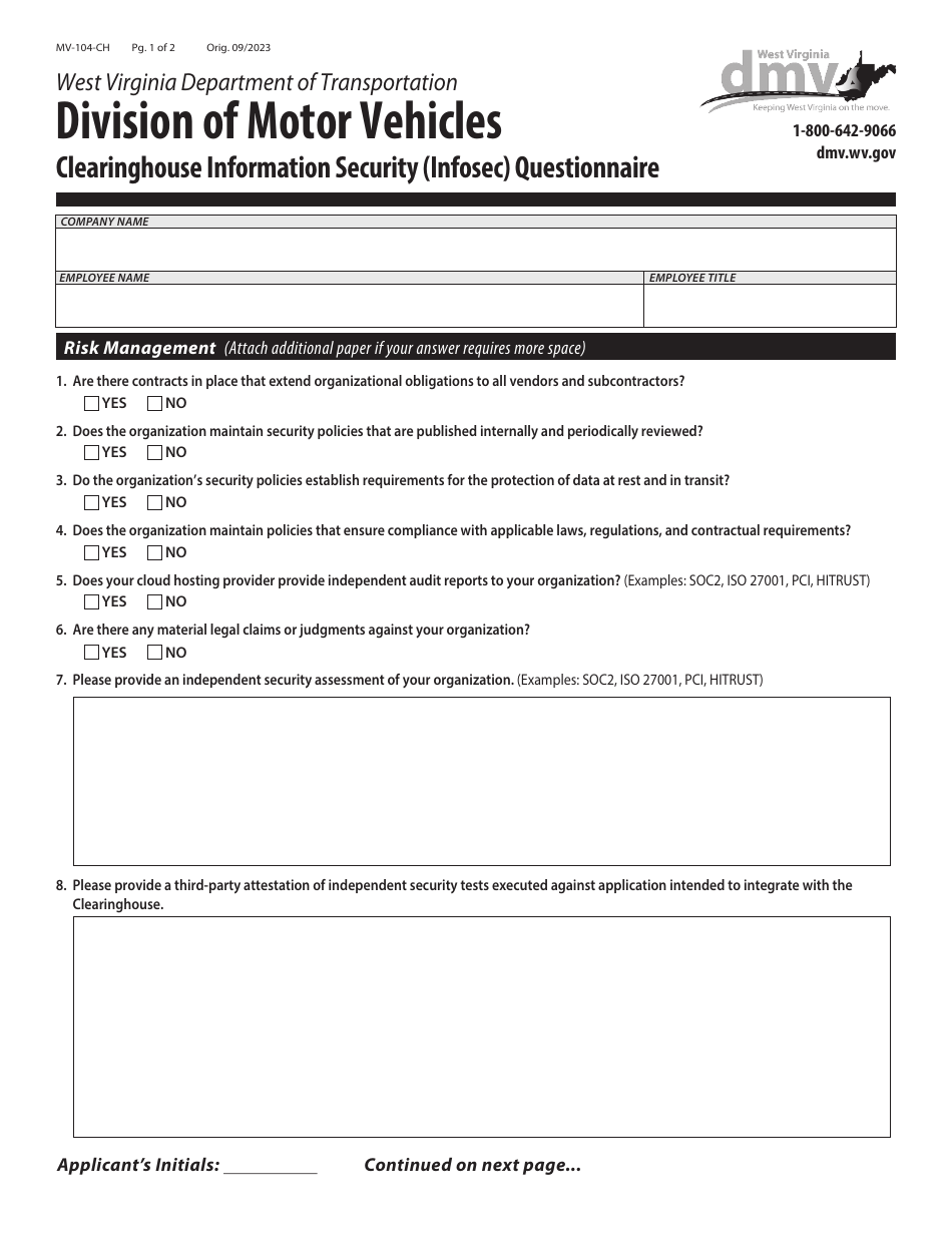 Form MV-105-CH Clearinghouse Information Security (Infosec) Questionnaire - West Virginia, Page 1