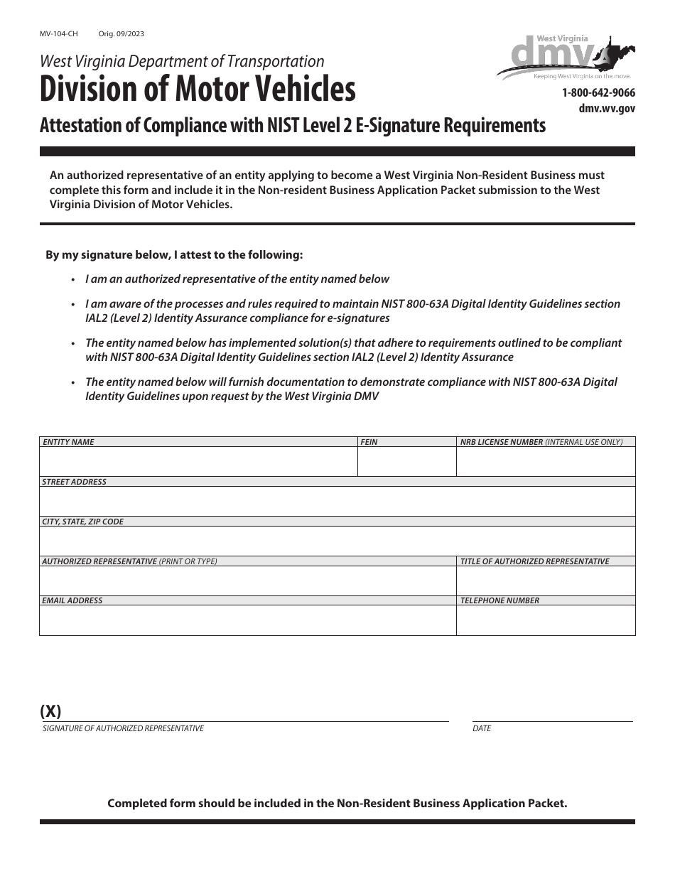 Form MV-104-CH Attestation of Compliance With Nist Level 2 E-Signature Requirements - West Virginia, Page 1