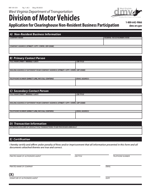 Form MV-101-CH Application for Clearinghouse Non-resident Business Participation - West Virginia