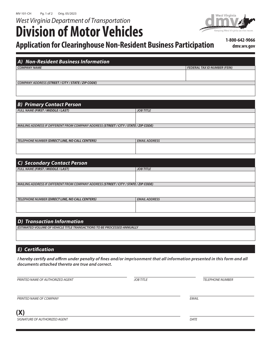 Form MV-101-CH Application for Clearinghouse Non-resident Business Participation - West Virginia, Page 1