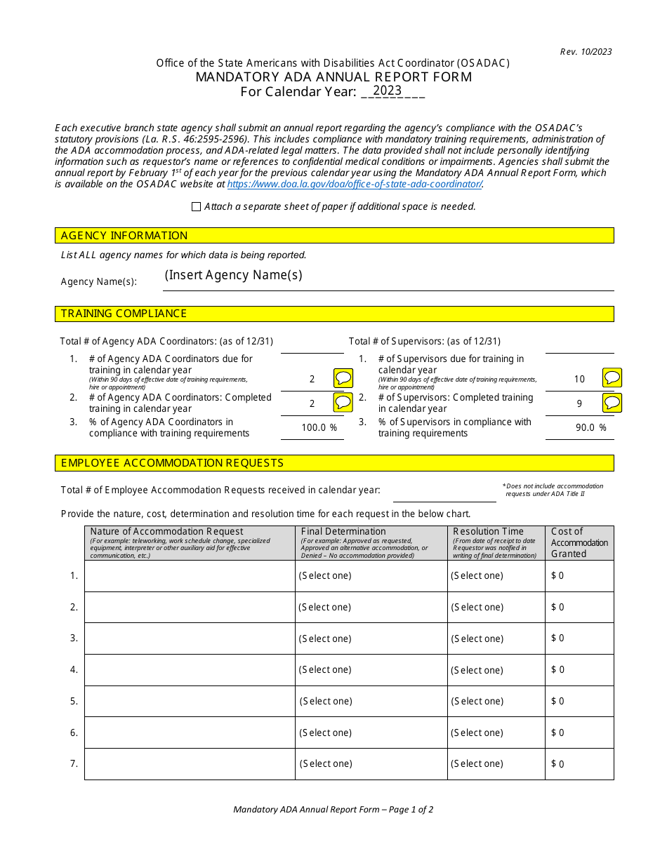 Mandatory Ada Annual Report Form - Louisiana, Page 1