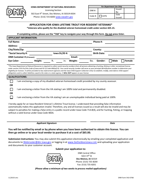 DNR Form 542-0708 Application for Iowa Lifetime Trout for Resident Veterans - Iowa