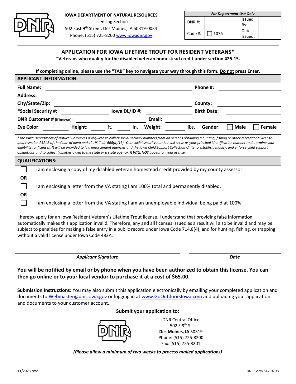 DNR Form 542-0708 Application for Iowa Lifetime Trout for Resident Veterans - Iowa, Page 1