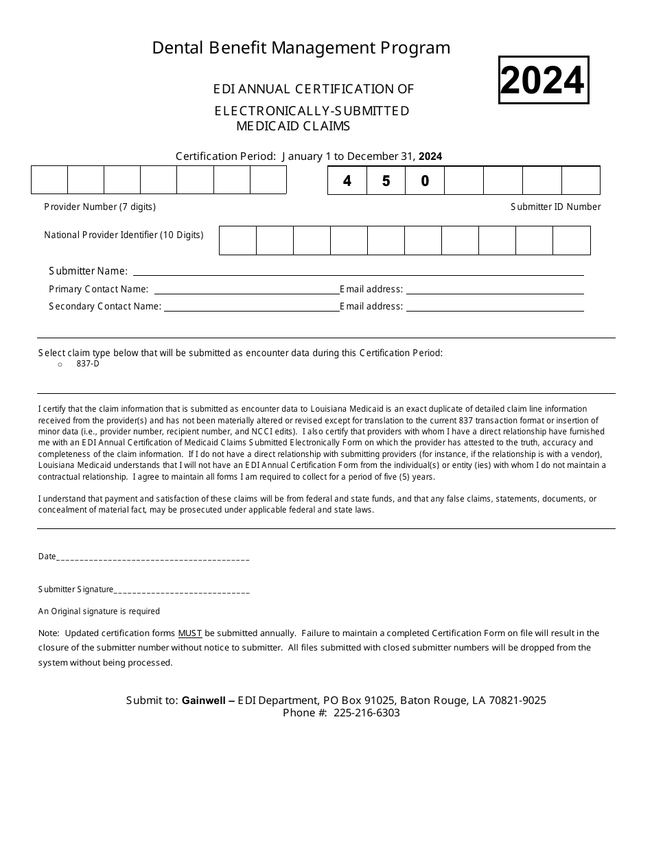 Edi Annual Certification of Electronically-Submitted Medicaid Claims - Dental Benefit Management Program - Louisiana, Page 1