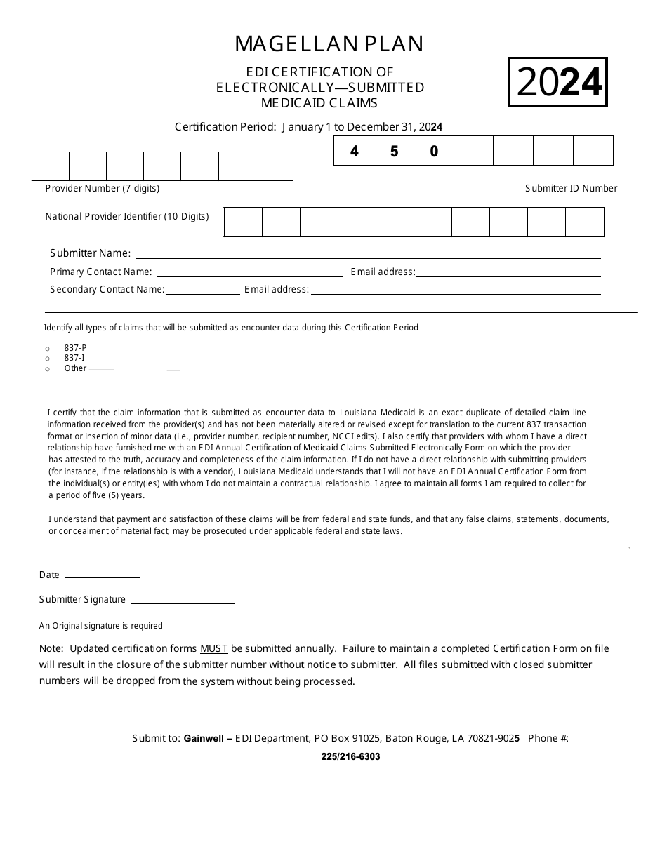 Edi Certification of Electronically-Submitted Medicaid Claims - Magellan Plan - Louisiana, Page 1