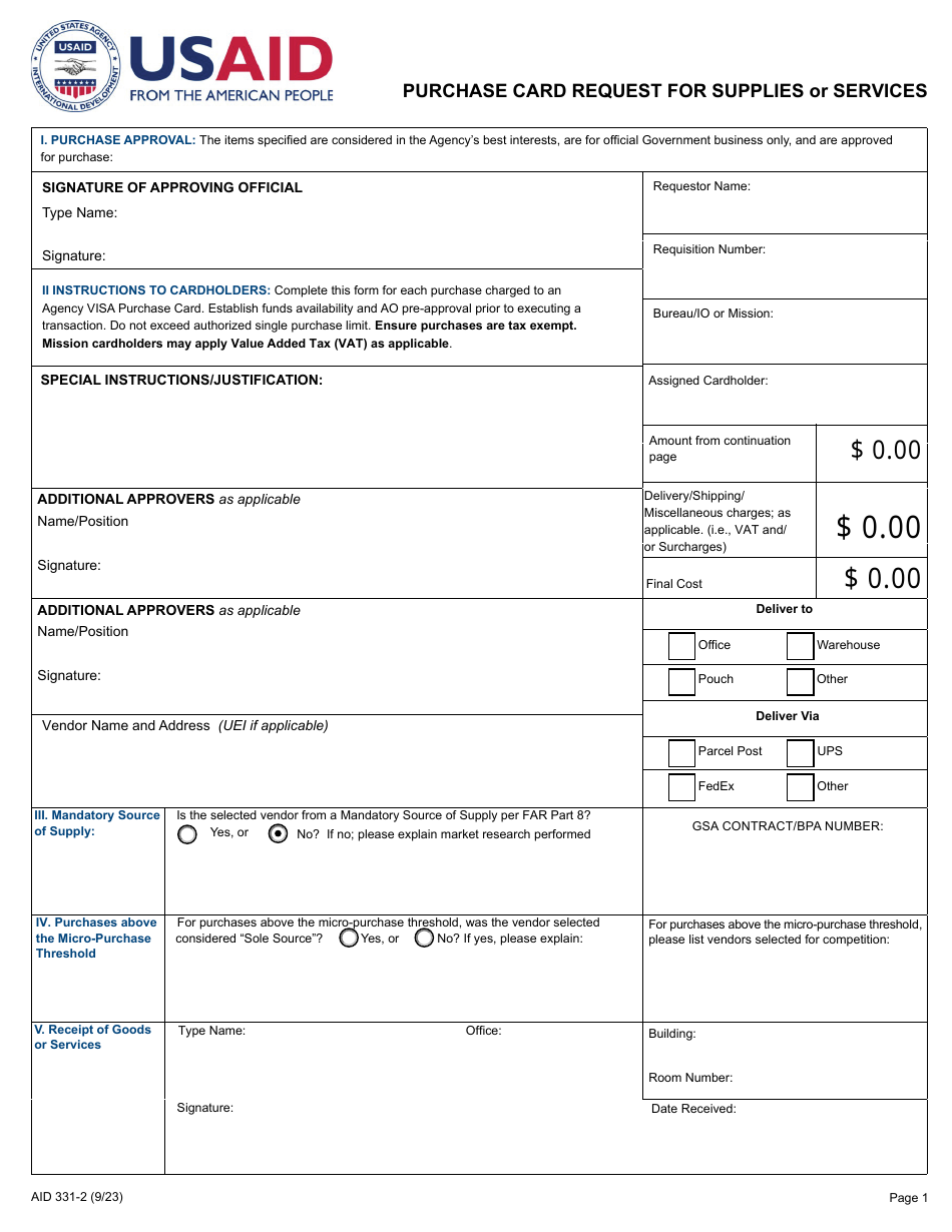 Form AID331-2 Purchase Card Request for Supplies or Services, Page 1