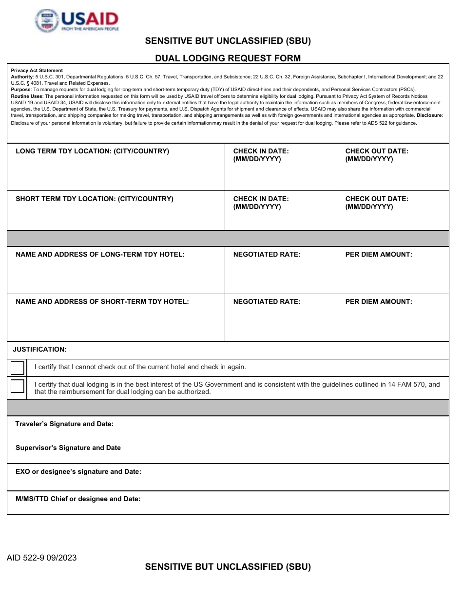 Form AID522-9 Dual Lodging Request Form, Page 1
