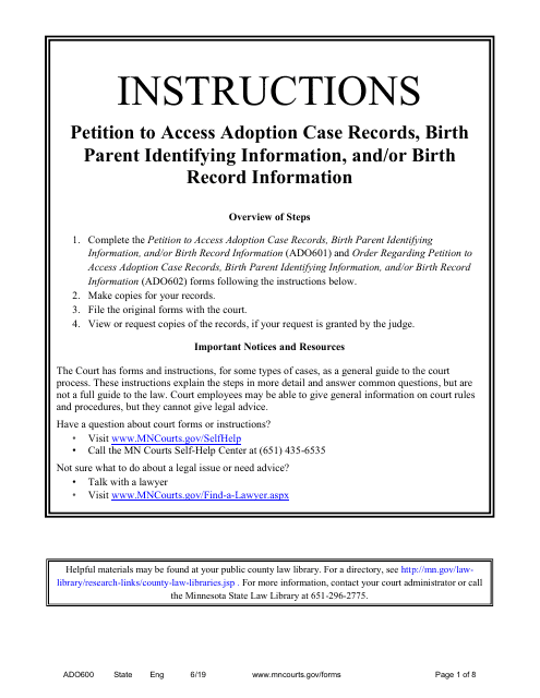 Form ADO600 Instructions - Requesting Access to Adoption Case Records, Birth Parent Identifying Information, and/or Birth Record Information - Minnesota