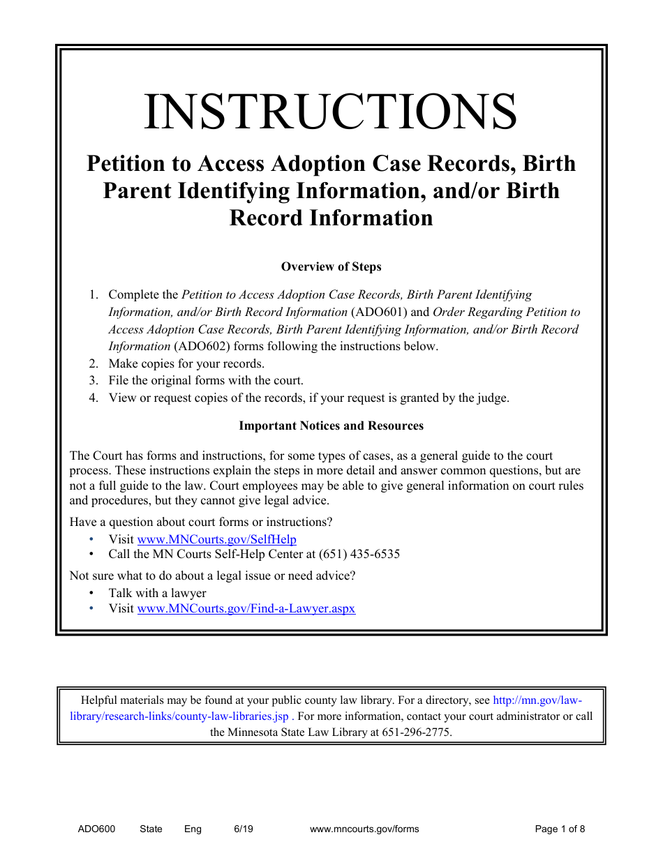 Form ADO600 Instructions - Requesting Access to Adoption Case Records, Birth Parent Identifying Information, and / or Birth Record Information - Minnesota, Page 1