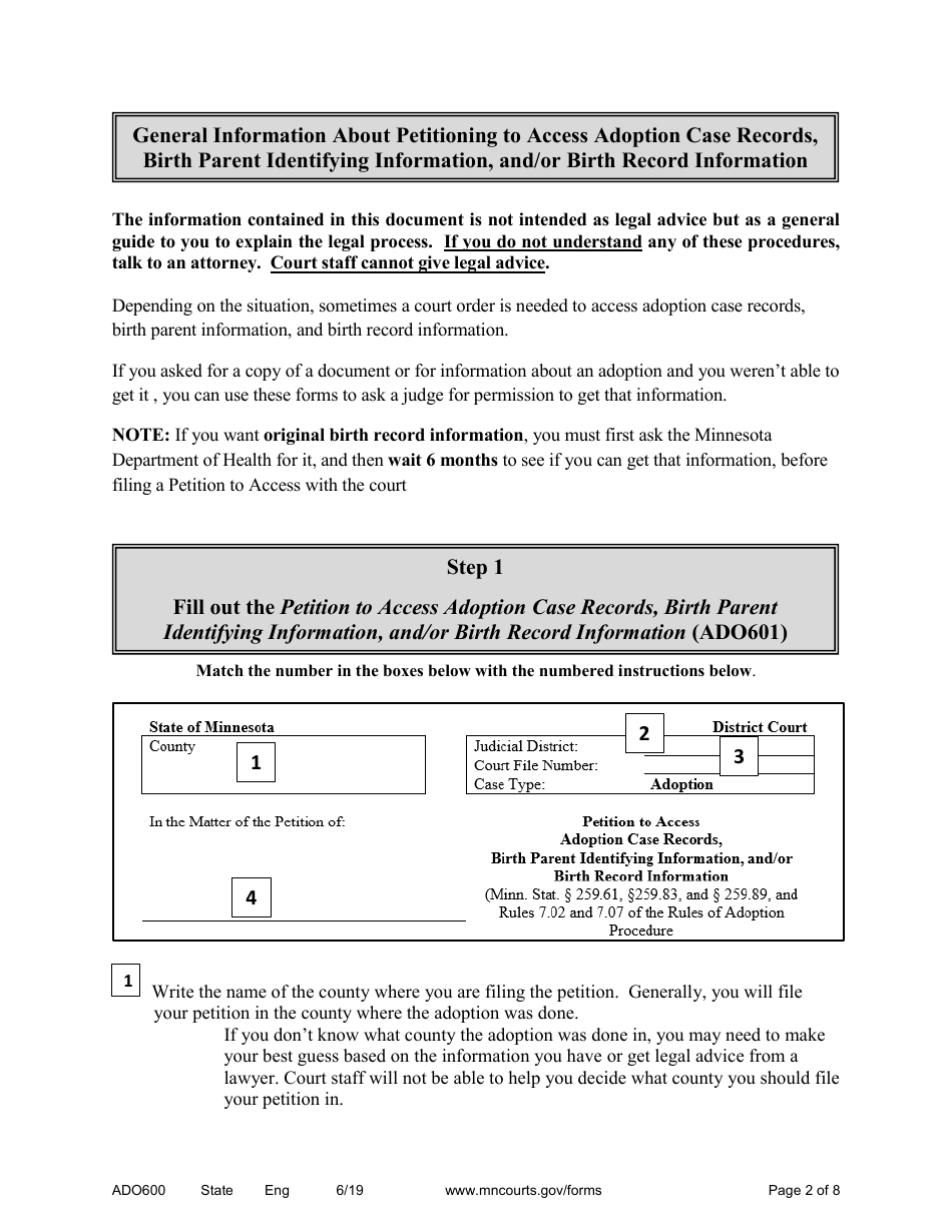 Form ADO600 Instructions - Requesting Access to Adoption Case Records, Birth Parent Identifying Information, and / or Birth Record Information - Minnesota, Page 2