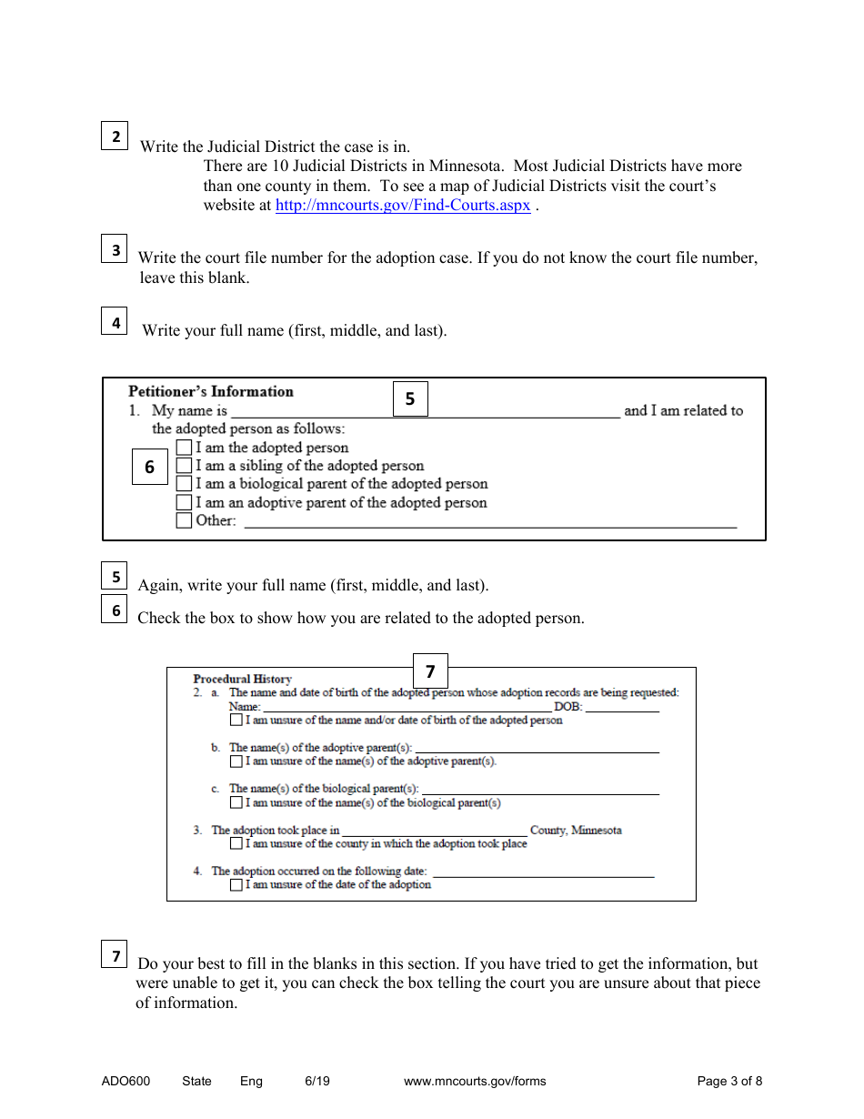 Form ADO600 Instructions - Requesting Access to Adoption Case Records, Birth Parent Identifying Information, and / or Birth Record Information - Minnesota, Page 3