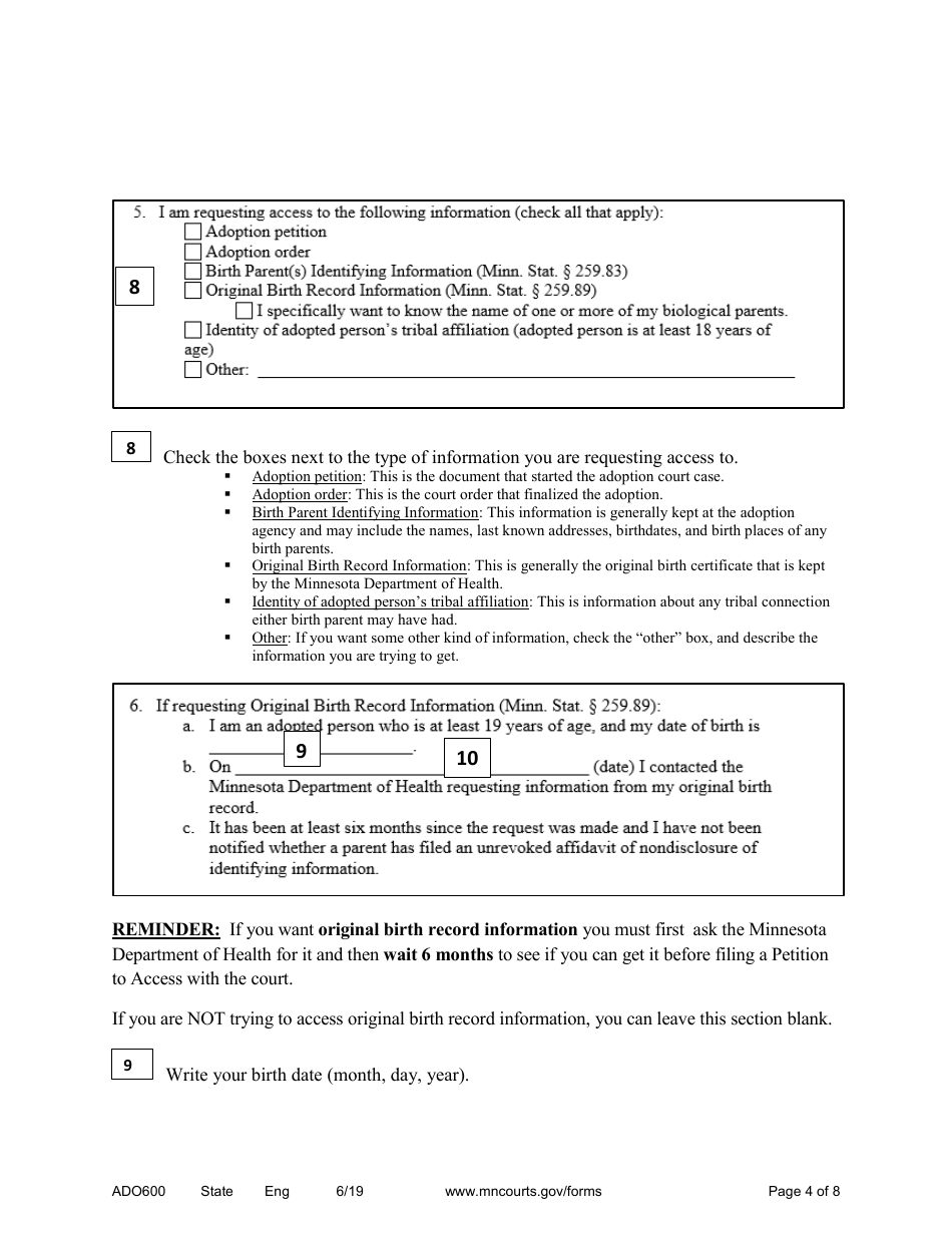 Form ADO600 Instructions - Requesting Access to Adoption Case Records, Birth Parent Identifying Information, and / or Birth Record Information - Minnesota, Page 4