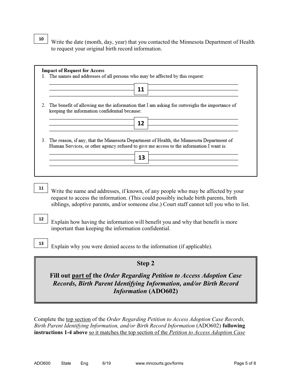 Form ADO600 Instructions - Requesting Access to Adoption Case Records, Birth Parent Identifying Information, and / or Birth Record Information - Minnesota, Page 5