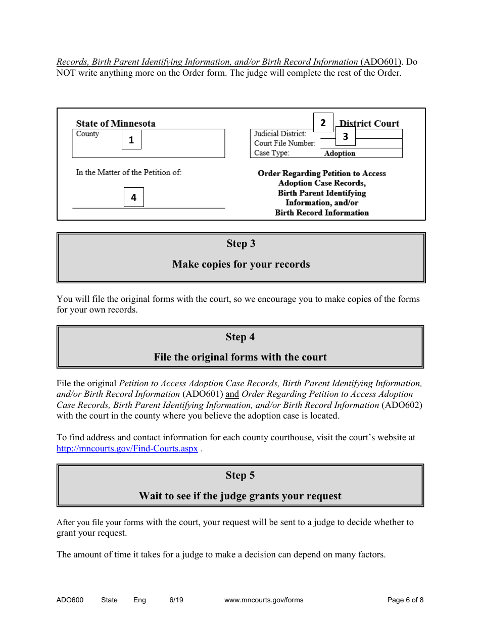 Form ADO600 Instructions - Requesting Access to Adoption Case Records, Birth Parent Identifying Information, and / or Birth Record Information - Minnesota, Page 6