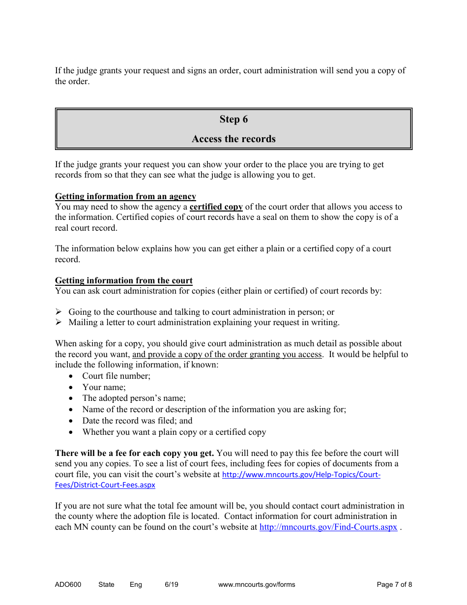Form ADO600 Instructions - Requesting Access to Adoption Case Records, Birth Parent Identifying Information, and / or Birth Record Information - Minnesota, Page 7