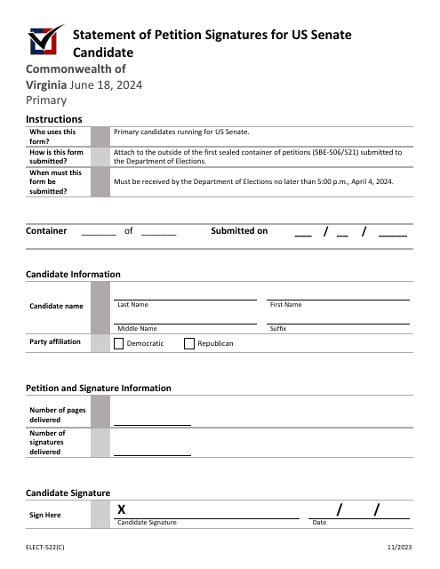 Form ELECT-522(C) Statement of Petition Signatures for US Senate Candidate - Virginia, 2024