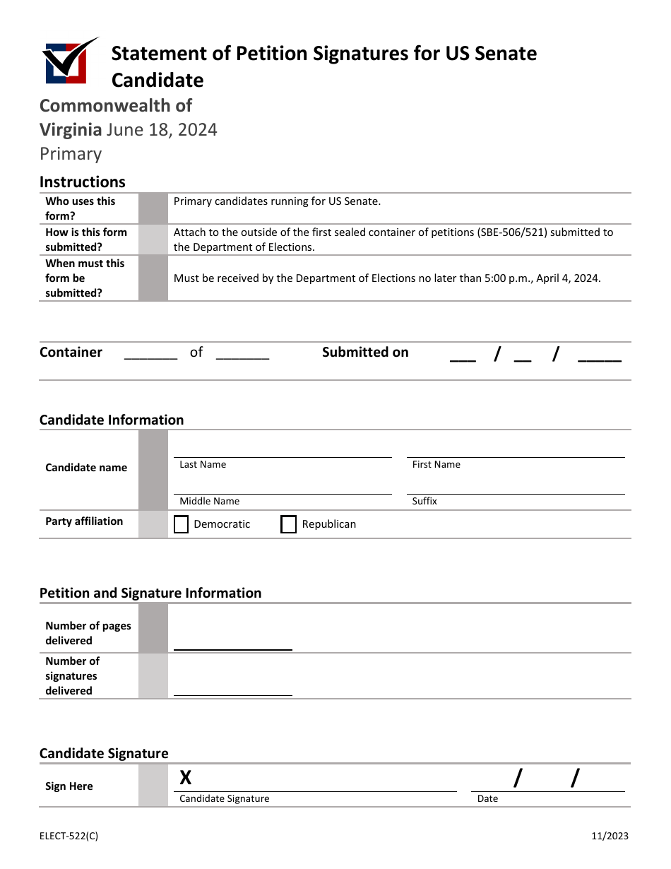 Form ELECT-522(C) Statement of Petition Signatures for US Senate Candidate - Virginia, Page 1