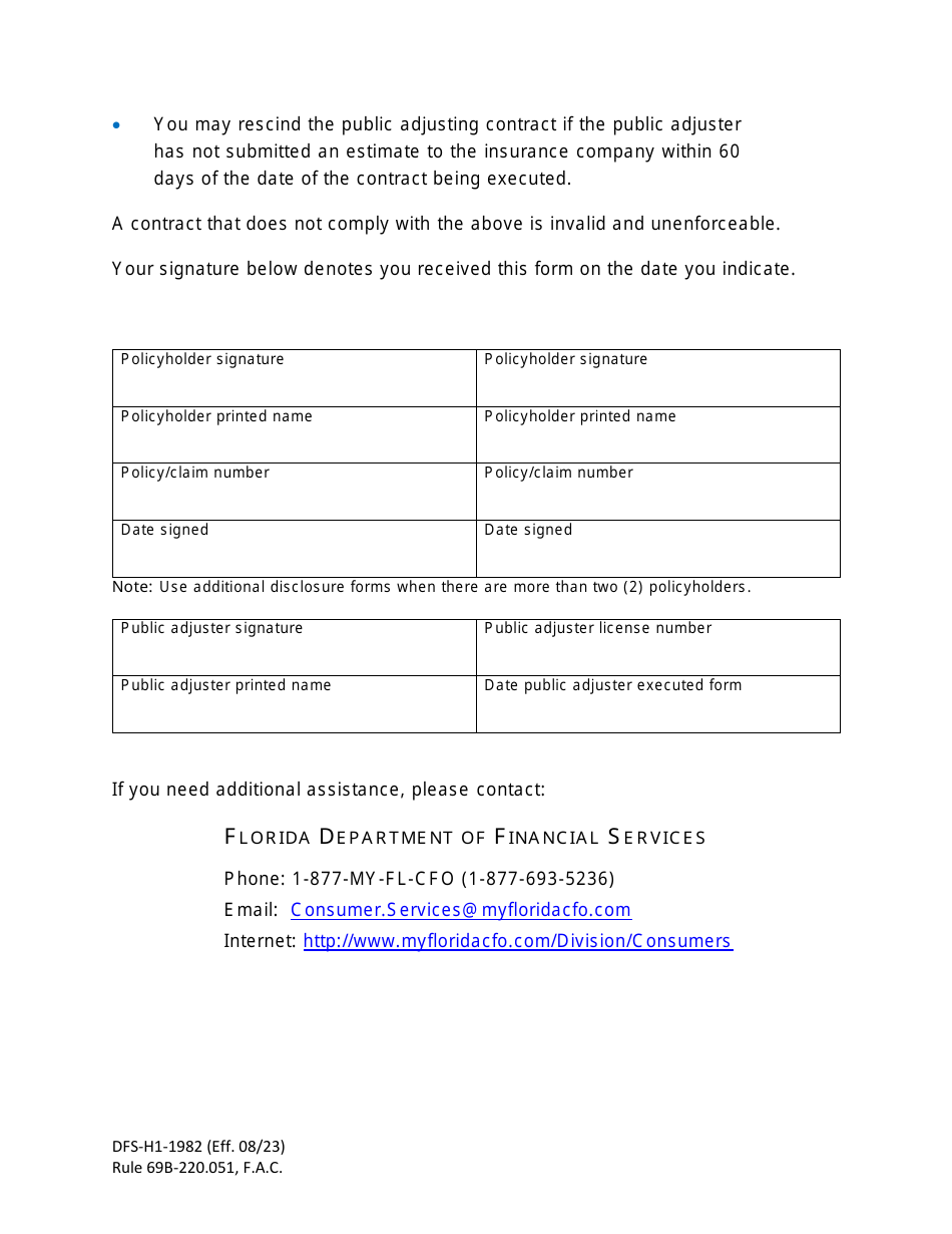 Form DFS-H1-1982 Public Adjusting Disclosure Form - Florida, Page 2
