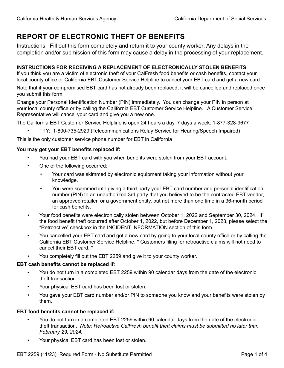 Form EBT2259 Report of Electronic Theft of Benefits - California, Page 1