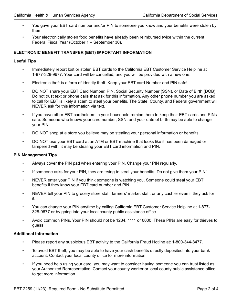 Form EBT2259 Report of Electronic Theft of Benefits - California, Page 2