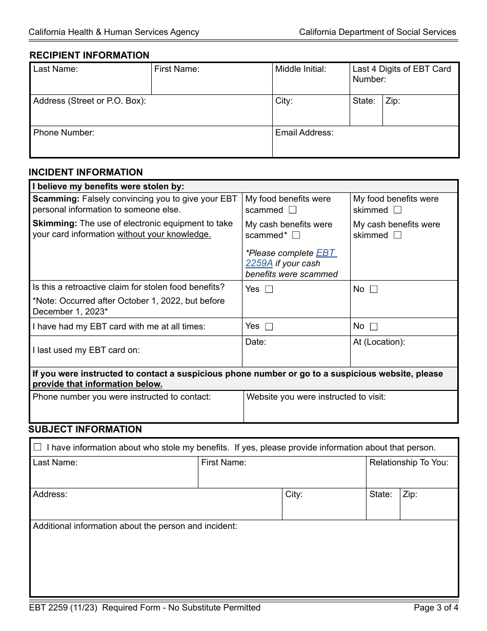 Form EBT2259 Report of Electronic Theft of Benefits - California, Page 3