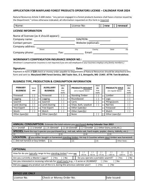 Application for Maryland Forest Products Operators License - Maryland Download Pdf