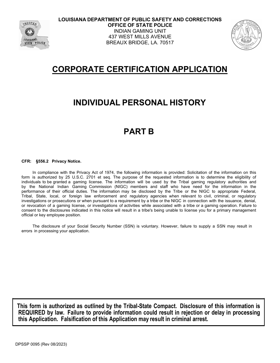 Form DPSSP0095 Part B Corporate Certification Application - Individual Personal History Application (Key Employee) - Louisiana, Page 2