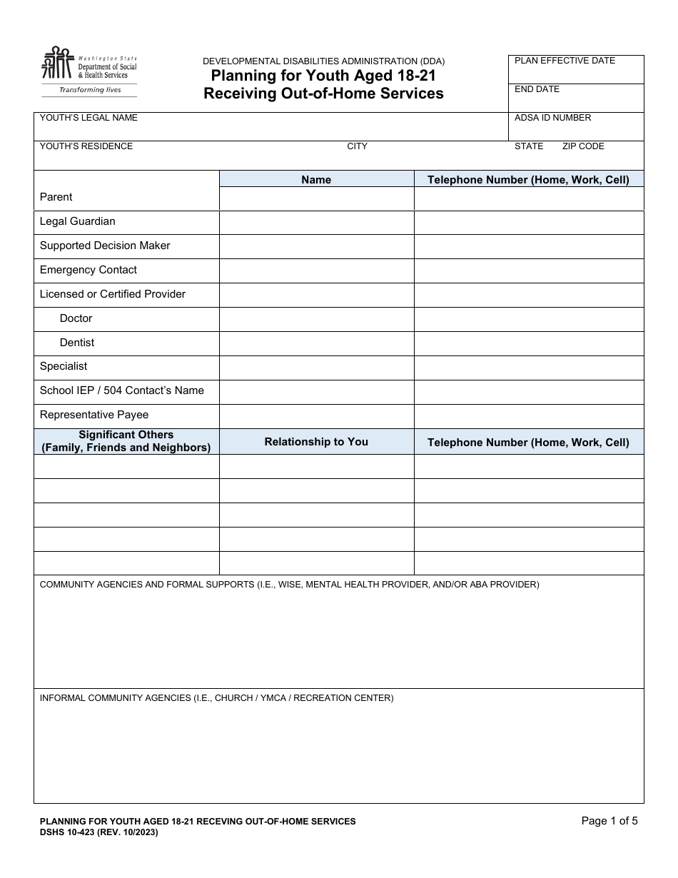 DSHS Form 10-423 Planning for Youth Aged 18-21 Receiving out-Of-Home Services - Washington, Page 1