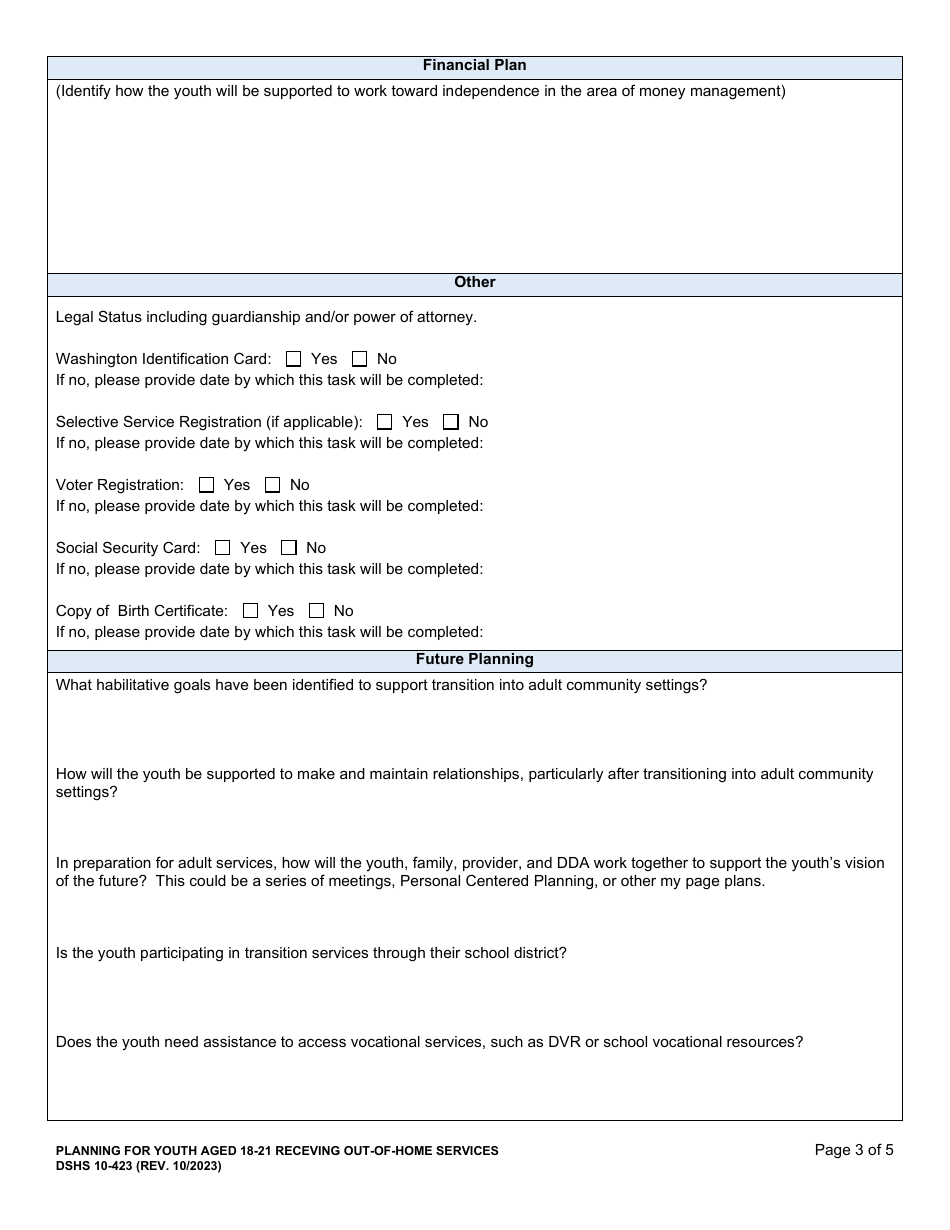 DSHS Form 10-423 Planning for Youth Aged 18-21 Receiving out-Of-Home Services - Washington, Page 3