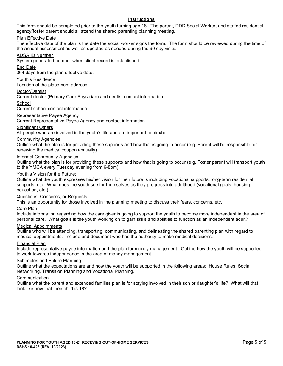 DSHS Form 10-423 Planning for Youth Aged 18-21 Receiving out-Of-Home Services - Washington, Page 5