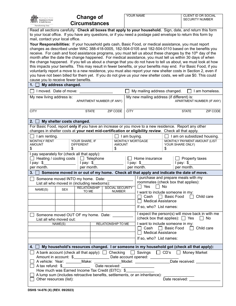 DSHS Form 14-076 Change of Circumstances - Washington, Page 1