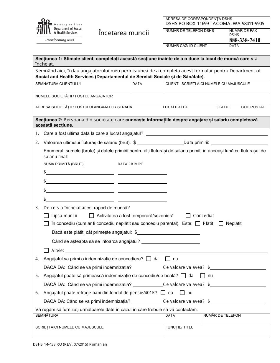 DSHS Form 14-438 Stop Work - Washington (Romanian), Page 1