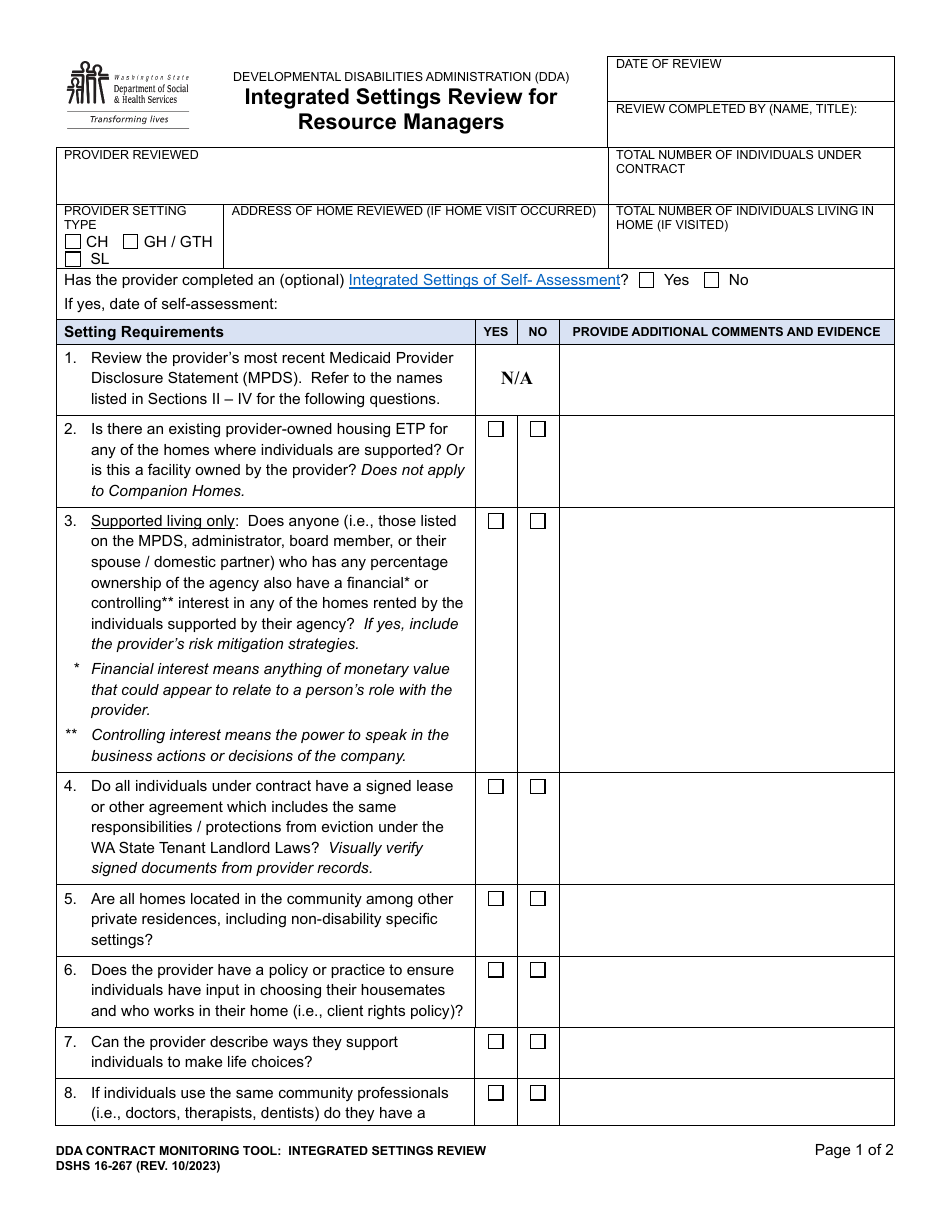 DSHS Form 16-267 Integrated Settings Review for Resource Managers - Washington, Page 1