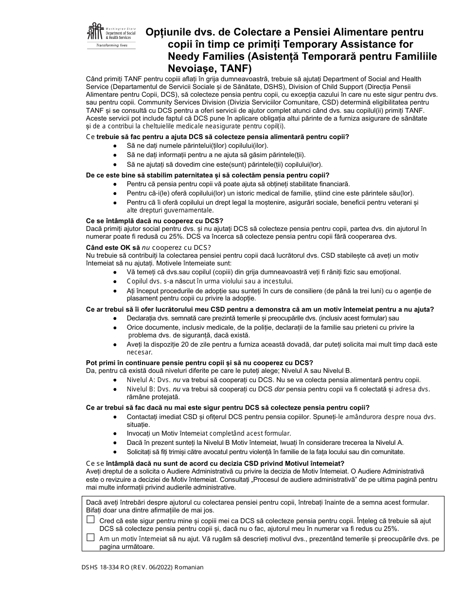 DSHS Form 18-334 Your Options for Child Support Collection While Receiving Temporary Assistance for Needy Families (TANF) - Washington (Romanian), Page 1