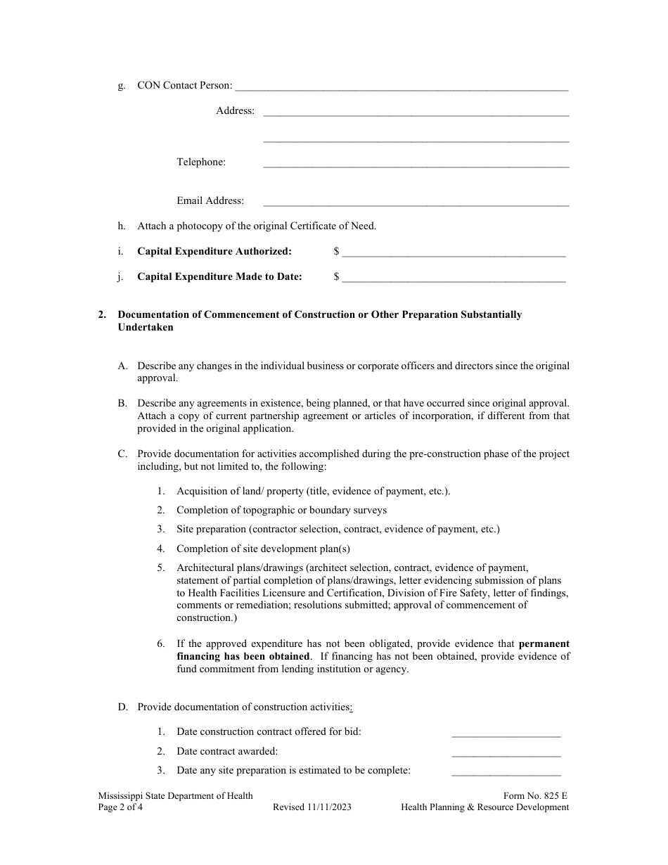 Form 825 E Certificate of Need (Con) Progress Report / Six-Month Extension Request / Final Report - Mississippi, Page 2