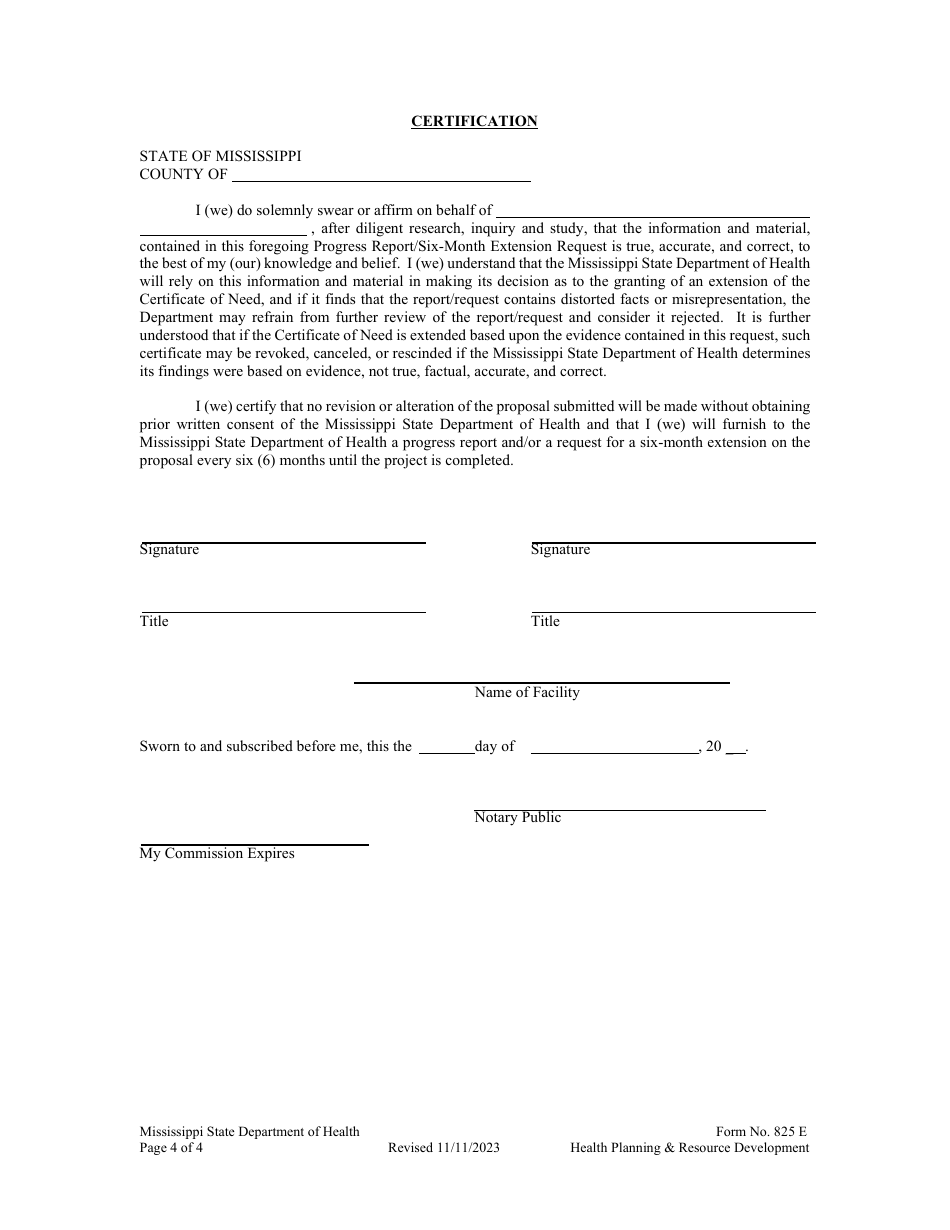 Form 825 E Certificate of Need (Con) Progress Report / Six-Month Extension Request / Final Report - Mississippi, Page 4