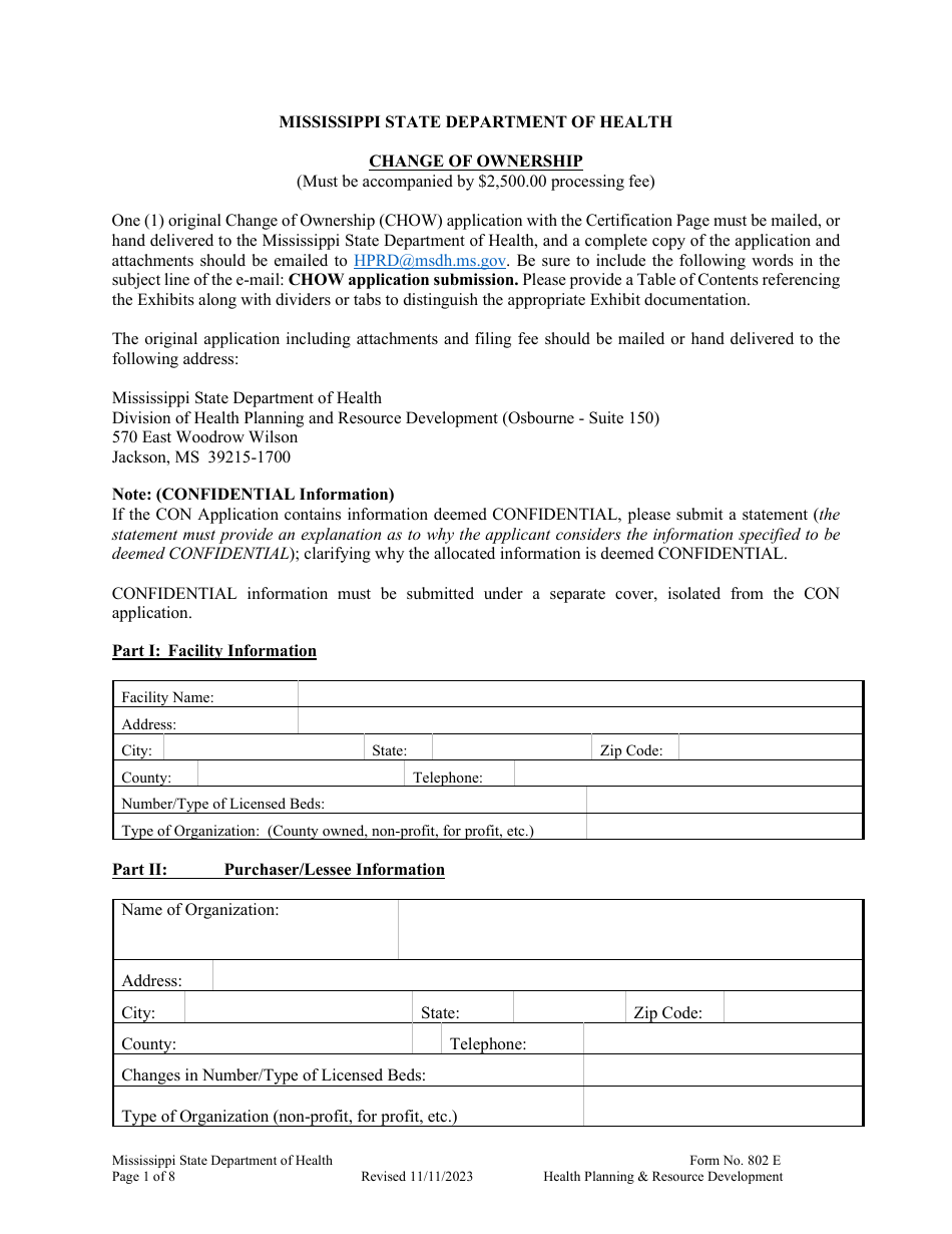 Form 802 E Notice of Intent to Change Ownership - Mississippi, Page 1