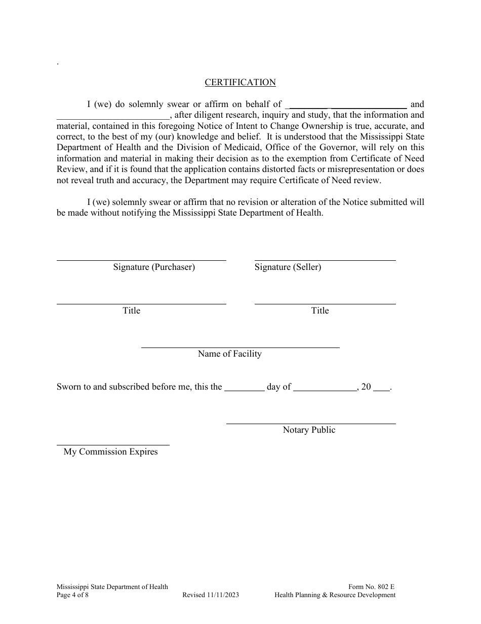 Form 802 E Notice of Intent to Change Ownership - Mississippi, Page 4
