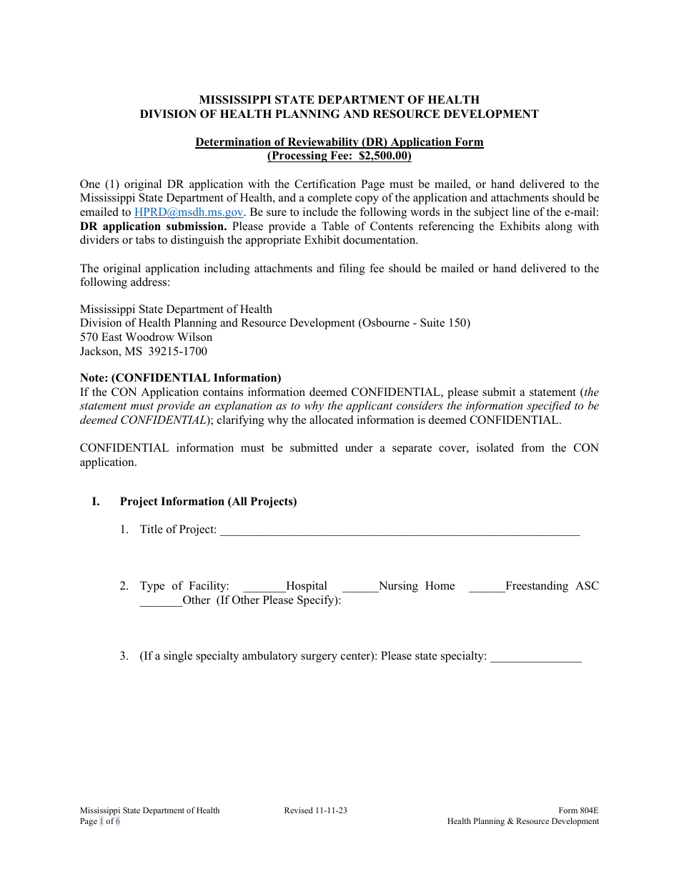 Form 804E Determination of Reviewability (Dr) Application Form - Mississippi, Page 1