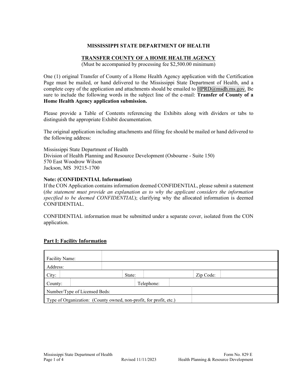 Form 829 E Transfer County of a Home Health Agency - Mississippi, Page 1