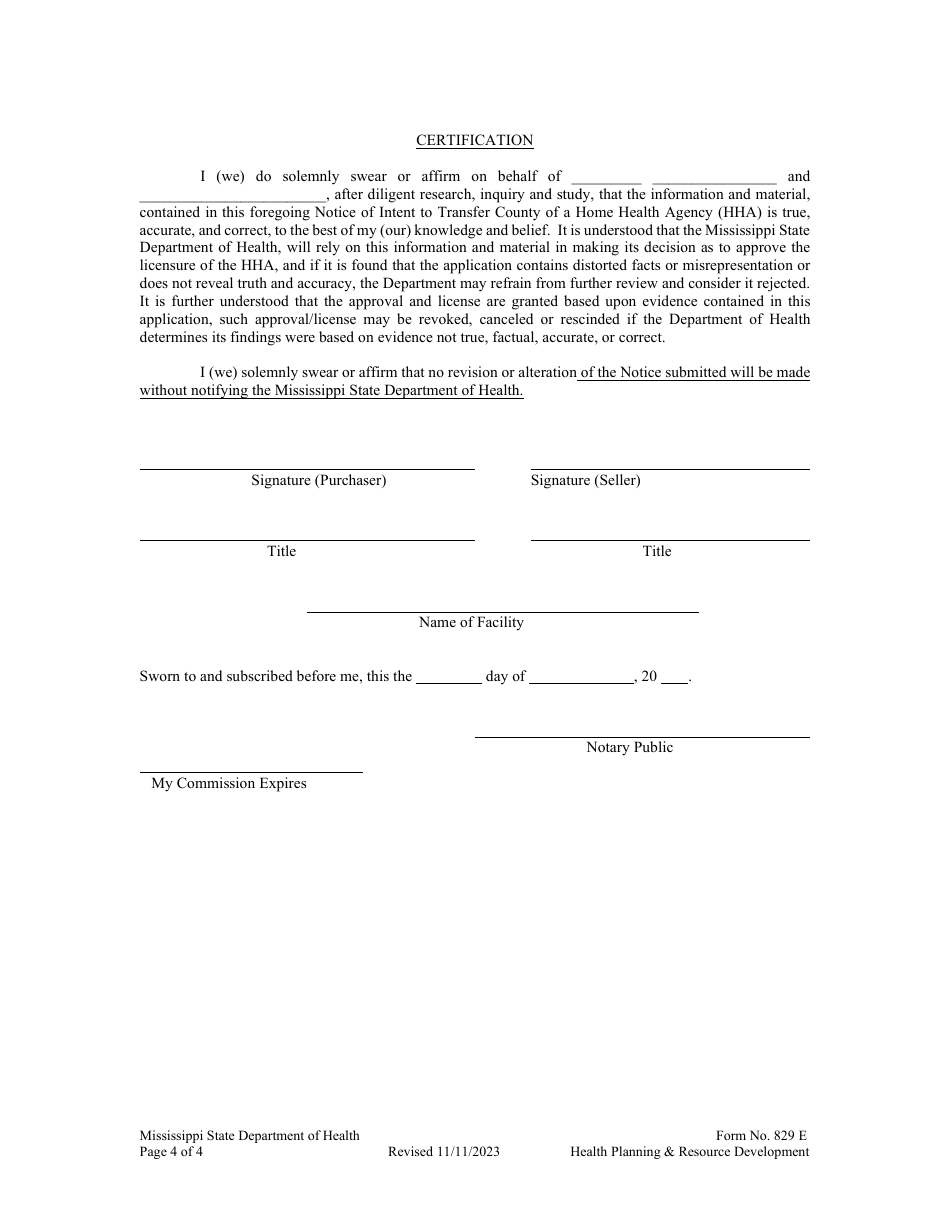 Form 829 E Transfer County of a Home Health Agency - Mississippi, Page 4