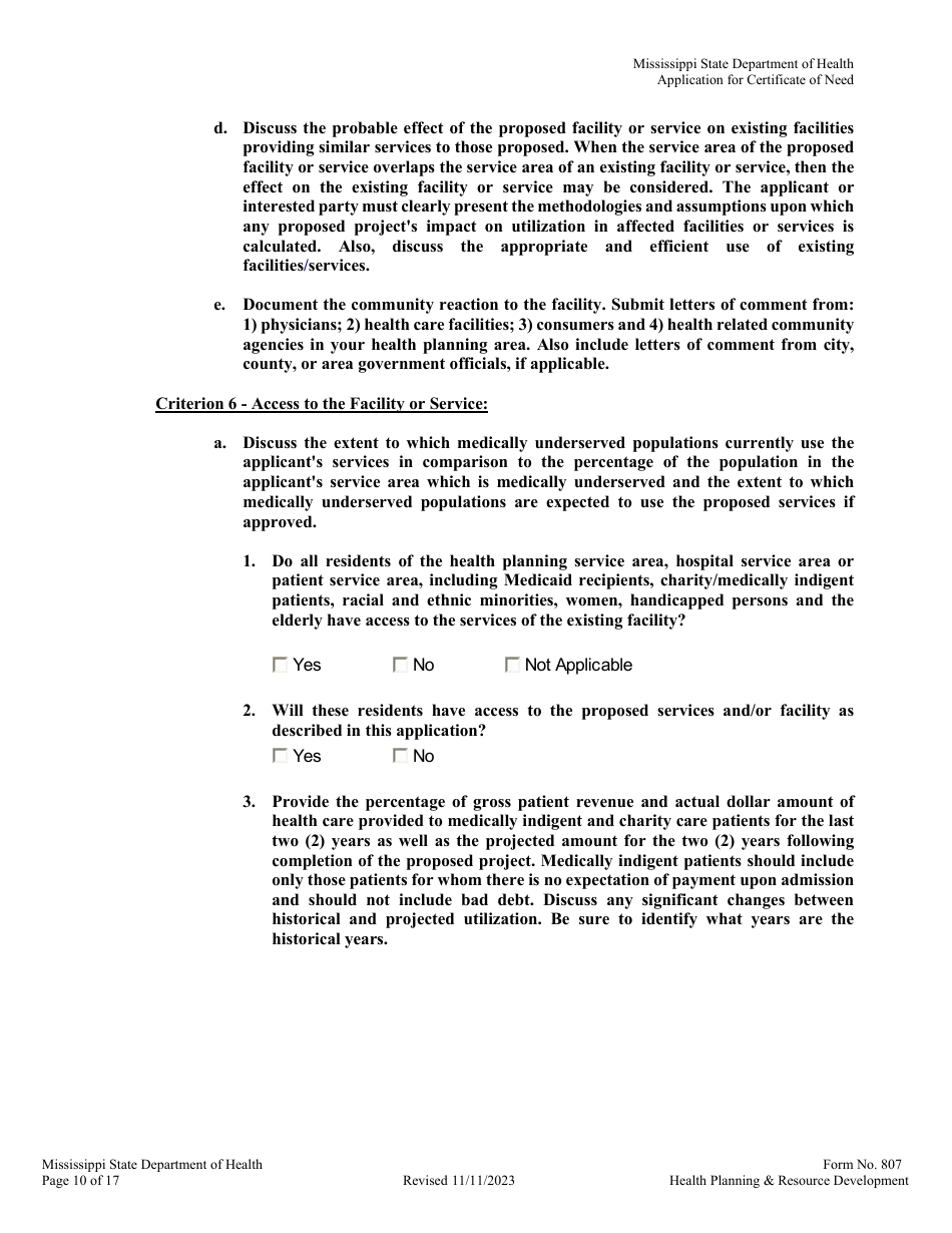 Form 807 Application for a Certificate of Need - Mississippi, Page 10